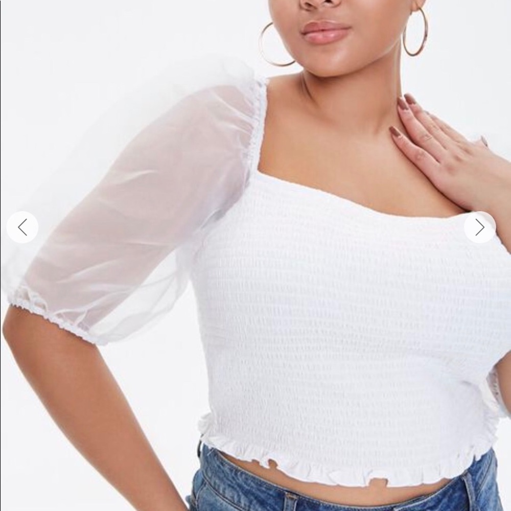 White Smocked Organza-Sleeve Top (3X) - Picture 2 of 6